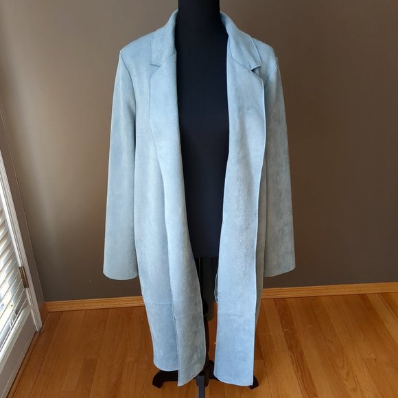 [SOLD] Zara Open Front Duster Jacket Faux Suede Blazer Trench Coat Pastel Blue - Picture 3 of 16